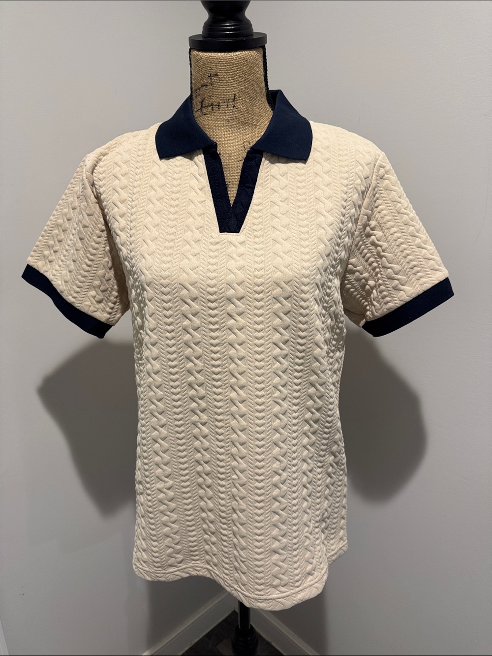 New In Package Mens Cream Knit Polo Top with Navy Trim